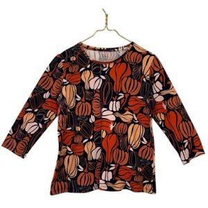 Kim Rogers Pumpkin Print 3/4 Sleeve Crewneck Cotton Fall Top